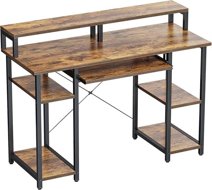 BANTI 47 Inch Computer Desk with Storage Shelves Monitor Stand Keyboard Tray, Home Office Desk, Study Writing Table, Rustic Brown