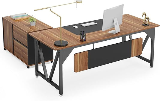 70.8" Executive Desk with 35.4" File Cabinet, L-Shaped Computer Desk, Wood Office Desk for Home Office