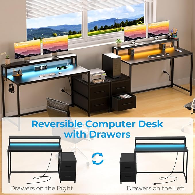 GreenForest Small Desk for Bedroom, 39.4 inch Computer Desk with 2 Drawers, Gaming Desk with LED Light and Power Outlet, Reversible Office Desk with Monitor Stand, Desk for Small Spaces, Black