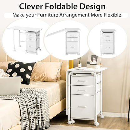 Folding Computer Desk with 6 Wheels, 41.5" Modern Steel Collapsible Home Office Desk with 3 Storage Drawers, Portable Writing Laptop Desk for Bedroom, Study, Small Space, Home Office, White