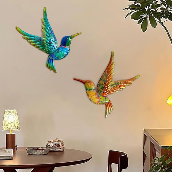 HONGLAND Metal Hummingbird Wall Art 12inch Metal Birds Wall Sculpture Garden Decoration Outdoor Statue Patio Fence Hanging Plaques 2 Pack（Multicolor）