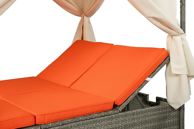 Patio Chaise Lounge, Gray PE Rattan Outdoor Patio Wicker Sunbed Daybed with Adjustable Seats, Four-sided Canopy, Overhead Curtain and Orange Cushion for Backyard, Garden, Poolside (for 2-6 people)