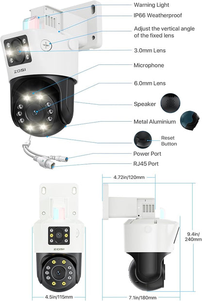 ZOSI 4K 8MP Dual-Lens Add-on PoE Security Camera Outdoor, 360° Pan Tilt IP Camera (4MP+4MP), Human Vehicle Detection, Color Night Vision, Human Tracking, Two-Way Audio, Works with Our PoE NVR Only