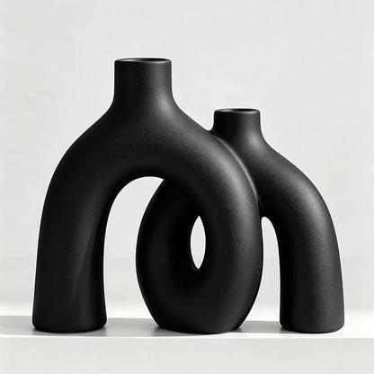 Matte Black Vase Set - Hug Hollow Donut Aesthetic Ceramic Vases Home Decor, Modern Nordic Minimalist Decorative Vase for Table Centerpiece Bookshelf Office Entryway Console Fireplace (Black)