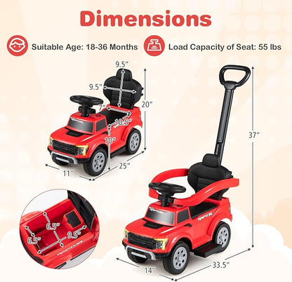 Costzon Ride On Push Car for Toddlers, 3-in-1 Ford Licensed Sliding Car w/Handle, Guardrail, Horn, Engine Sound, LED Lights, Under Seat Storage, Foot-to-Floor Kids Ride On Toys for Boys Girls (Red)