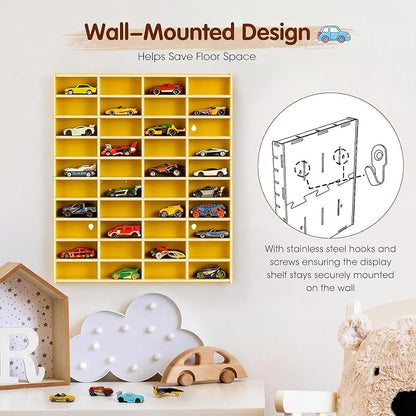 Krafetto Toy Car Display Shelf, Holds 40 Diecast 1/64 Toys Car, Wall Mount Model Cars Storage Organize Case (Yellow 1/64 Toy Car Display Shelf)