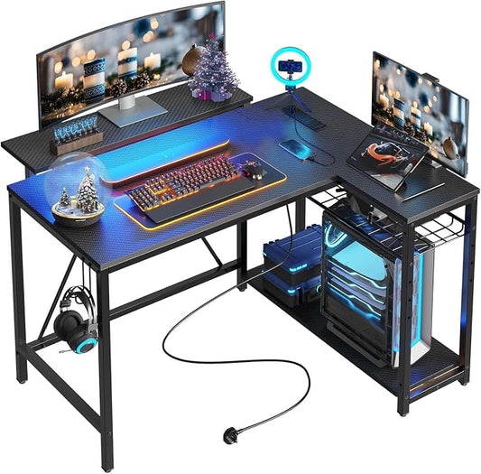 Bestier 42-Inch L-Shaped Computer Desk with Charging & LED, Black | Charging 2AC+USB+Type-C, RGB LED Strip, Reversible Shelves, Monitor Stand, Headphone Hook, Cable Mgmt, Small Space