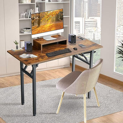 TEMI Computer Desk with Power Outlet and Monitor Shelf Included 43.3" Length Folding Table, Office Desk for Home, No Assembly Desk with Stable Black Frame, Rustic Brown