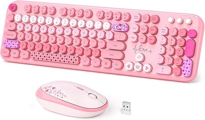 Dilter Wireless Keyboard and Mouse, Typewriter Full Size Keyboard with Number Pad and 2 in 1 USB Connected Mouse for Windows 7/8/10, Laptop, Desktop, PC, Computer (Pink Colorful)