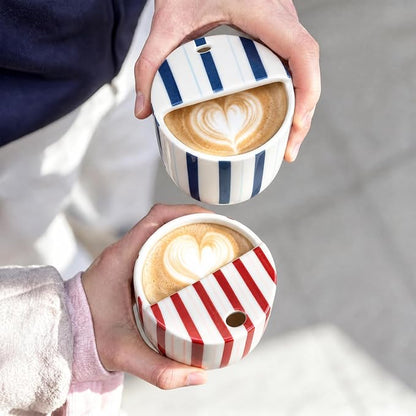 2 Pcs Ceramic Mug with Sip Hole 10 oz Deep Blue Red Striped Ceramic Coffee Mug Hand Painted Travel Mugs Heat Resistant Non Slip Built in One Lid Mugs for Coffee Lovers Appreciation Gift
