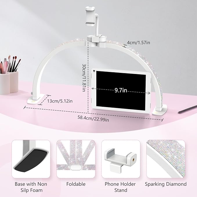 Yokilly Half Moon Light for Nail Desk: 23" Foldable Half Moon Desk Lamp with Phone Holder for Beginner - Arch Nail Tech Light with 3 Color Modes & 10 Brightness for Manicure Salon (Diamond, Small)