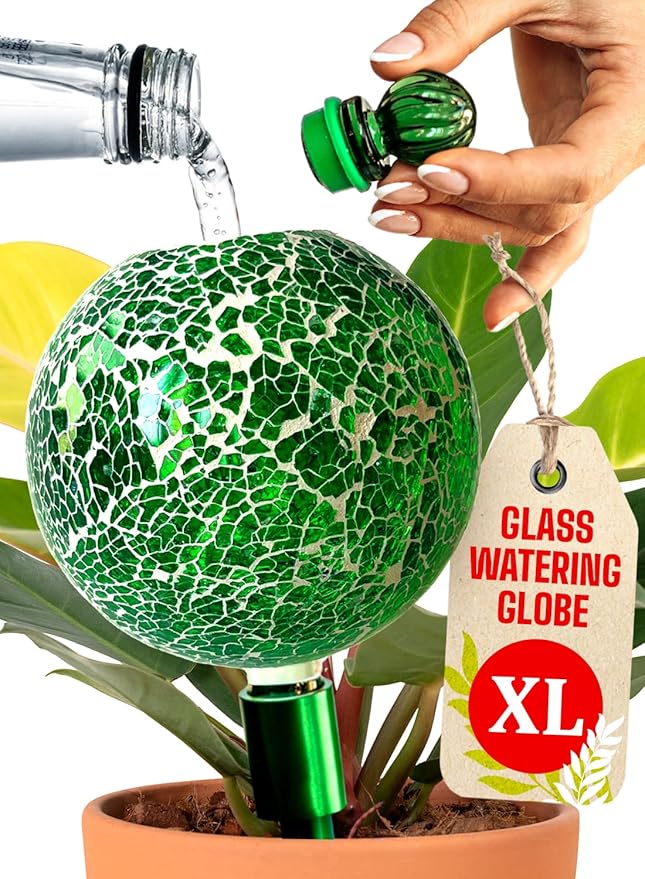 16 Oz Plant Watering Globes for Indoor Plants with Metal Self Watering Planter Insert - Premium XL Glass Hand-Blown Globe - Automatic Plant Waterer Indoor, Gift Idea for Gardeners [1 Globe, Mosaic]
