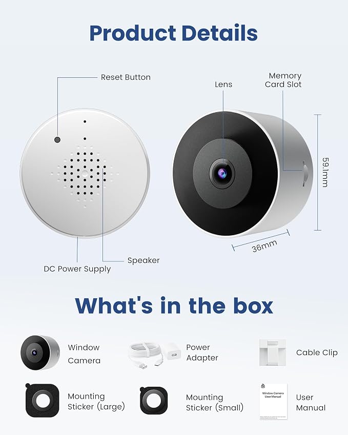 3MP 2K Window Camera, 2.4GHz WiFi 6 Window Security Camera, Blacklight Full-Color Night Vision, Smart AI Detection & Descriptive Alert, 24/7 Recording, No-Drill Magnetic Mount, 2 Packs