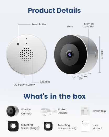 3MP 2K Window Camera, 2.4GHz WiFi 6 Window Security Camera, Blacklight Full-Color Night Vision, Smart AI Detection & Descriptive Alert, 24/7 Recording, No-Drill Magnetic Mount, 2 Packs