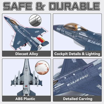 Crelloci Diecast Metal Alloy Fighter Jet Military Airplane Toy with Mist Spray, Lights & Sounds, Pull Back Function Army Air Force Aircraft for Kids, Toddlers Ages 3+, Gift for Boys Girls (Blue)