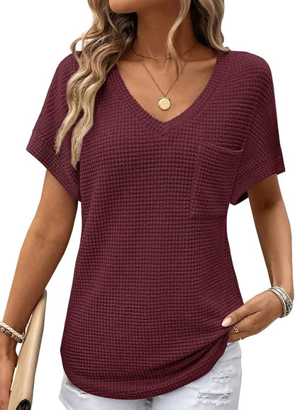 Dokotoo Womens Waffle Knit Tops 2026 Spring Summer V Neck Shirts Casual Trendy Women's Blouses Basic Tee