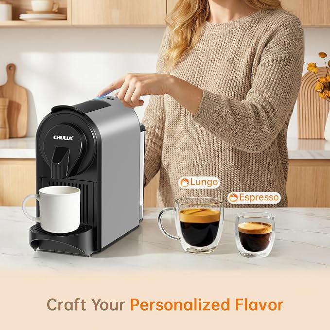 CHULUX Bafè-Pro Espresso Maker for Nes Pod, 20 Bar High Pressure Pump, Gray | 1400W Rapid Heating, Espresso Lungo Buttons, Used Capsule Drawer, Auto-Eject System, 24oz Removable Reservoir, Mini Footprint