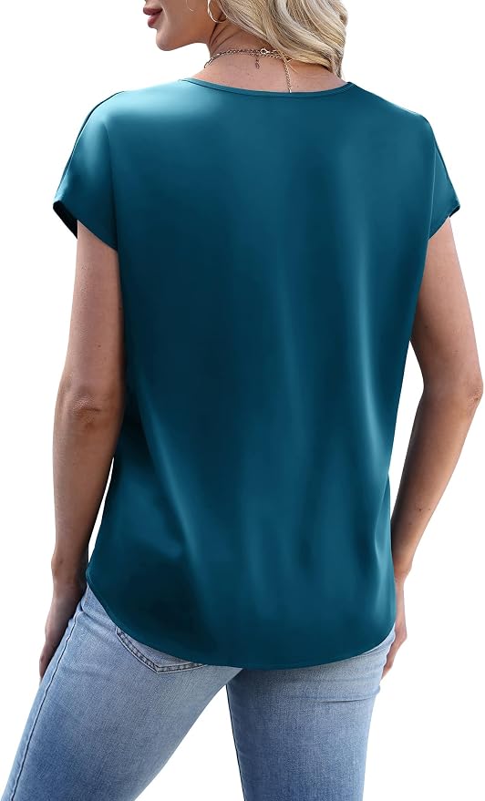 WIHOLL Womens Satin Summer Tops Cap Short Sleeve Blouses V Neck Shirts Business Casual Outfits Fashion Clothing 2026