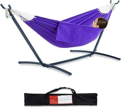 PNAEUT Double Hammocks with Stand for Outside, Portable Space Saving Heavy-Duty Steel Stand for Indoor Outdoor Patio with Carrying Bag, 450 lbs Capacity (Purple)