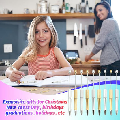 150 Pieces DIY Beadable Pen Kit – 50 Plastic Ballpoint Pens with Refills & Bags – School Supplies, Office Accessories & Decorative Items for Students & Teachers (Silver and Gold)
