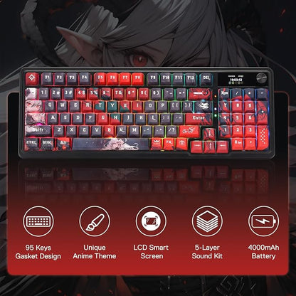 Redragon K719 PRO Wireless RGB Gasket Gaming Keyboard, Dye-Sub Anime Keycap | Easy-Control LED Info Display, 0-Delay Tri-Mode, Cushioned 5-Layer Noise Dampening for Creamy Thocky Sound, 95% Layout