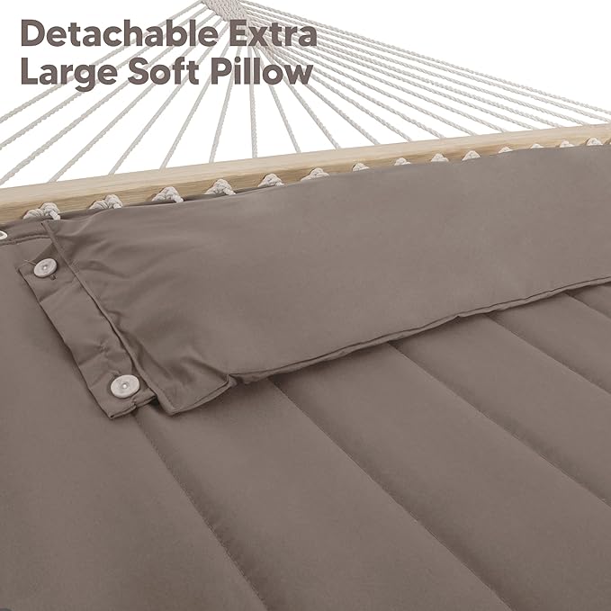 SUNCREAT 55 Inch Extra Large Double Hammock with 12 ft Stand, 475lbs Capacity, Outdoor Portable Hammock with Hardwood Spreader Bar, Extra Large Pillow, Brown