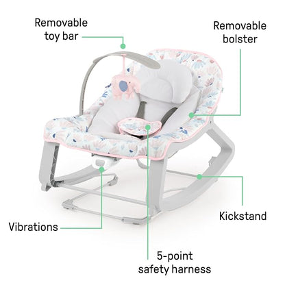 Ingenuity Keep Cozy 3-in-1 Grow with Me Vibrating Baby Bouncer Seat & Infant to Toddler Rocker, Vibrations & -Toy Bar, 0-30 Months Up to 40 lbs (Pink Burst)