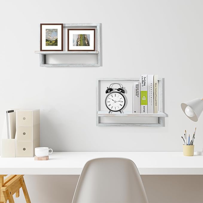 PHOENANCEE Square Floating Shelves,Framed Wall Shelf Decorative Set of 4,Modern Plants Hanging Display Art Decor Storage for Livingroom Bedroom Bathroom Farmhouse,Home Light Wood,Rustic White