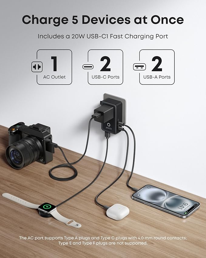 Anker Nano Travel Adapter, 2 USB C Universal Charger, 20W, 1× 2-Pin AC | European Power Plug, Smart Temperature Control, Works in 200+ Countries, Not a Voltage Converter, Travel Essentials(1-Pack)