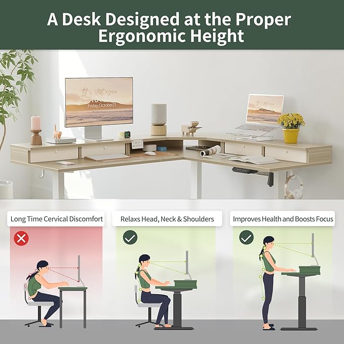 FEZIBO 63" L Shaped Standing Desk with 4 Drawers, Electric Standing Gaming Desk Adjustable Height, Corner Stand up Desk with Splice Board, White Frame/Light Walnut Top