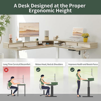 FEZIBO 63" L Shaped Standing Desk with 4 Drawers, Electric Standing Gaming Desk Adjustable Height, Corner Stand up Desk with Splice Board, White Frame/Light Walnut Top