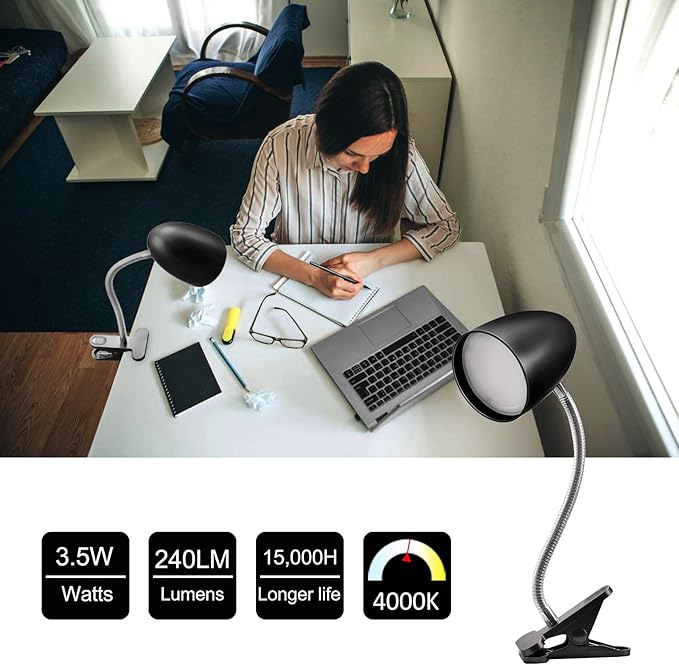Clip on Light for Bed, Non-Dimmable Clip on Reading Light for Bed, 4000K Cool White, 3.5W 240 LM desk lamp with clamp, Eye Protection, ETL Listed, Black