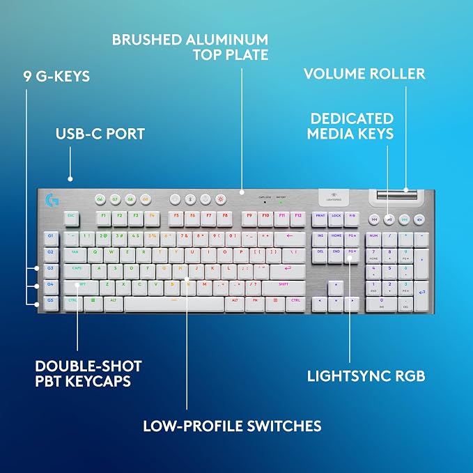 Logitech G915 X Lightspeed Wireless Gaming Keyboard (Tactile) - White | Low-Profile, Double-Shot PBT Keycaps, Fully Programmable Keys, RGB Backlighting, Sleek Aluminum Finishing, GL Brown