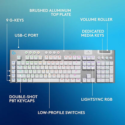 Logitech G915 X Lightspeed Wireless Gaming Keyboard (Tactile) - White | Low-Profile, Double-Shot PBT Keycaps, Fully Programmable Keys, RGB Backlighting, Sleek Aluminum Finishing, GL Brown