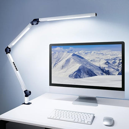 MediAcous LED Desk Lamp with Clamp, Dual Light Desk Lamp with Swing Arm, Dimmable 4 Color Modes & 4 Brightness Table Lamp, Eye-Caring Clip-on Lamp with Memory Function for Home Office, White