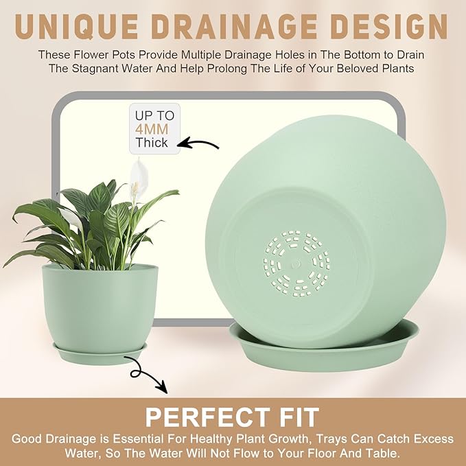 Plant Pots 10/9/8/7.5/7 inch Flower Pots with Multi Mesh Drainage Holes, Planters for Indoor Outdoor Garden Plants and Flowers. (Green)