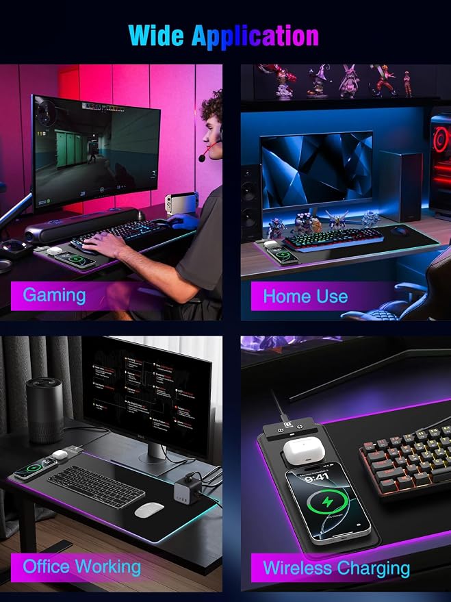 Mouse Pad with Magnetic Wireless Charging, Large Desk Pad Protector, RGB Black Mousepad Desk Mat with 15W Fast Charger, 4mm Thick Non-Slip, Waterproof Laptop Writing Pad for Office, Home, Gaming