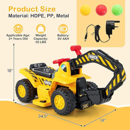 HONEY JOY Electric Ride on Push Car, Toddler Bulldozer Digger w/Balls & Basketball Hoop, Outdoor Digging Scoop, Flexible Bucket, 6V Ride on Excavator Construction Vehicle for Kids