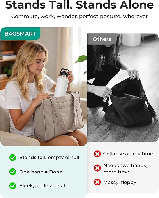 BAGSMART Boxy Tote Bag for Women, Crossbody Work Bag with Zipper | 3 Sizes Small Mini Tote Bag, Inner Tumbler Pocket Crush Bow Should Bag for Travel Work College