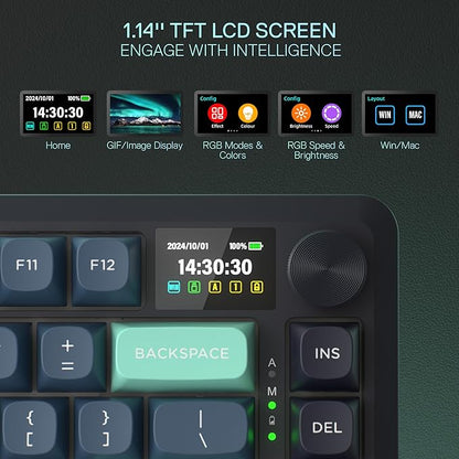 Redragon K724 PRO Wireless 81-Key Gasket Gaming Keyboard, TFT Screen & Knob | Easy-Control LED Info Display, 0-Delay Tri-Mode, Cushioned 5-Layer Noise Dampening for Creamy Thocky Sound, Compact 80% Size