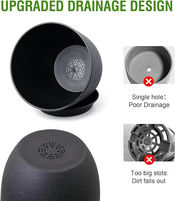10/9/8 inch Medium Plant Pots, 3 Pack Modern Decorative Plastic Planters with Drainage Holes and Saucers, Flower Pots for Indoor Outdoor Plants, Black
