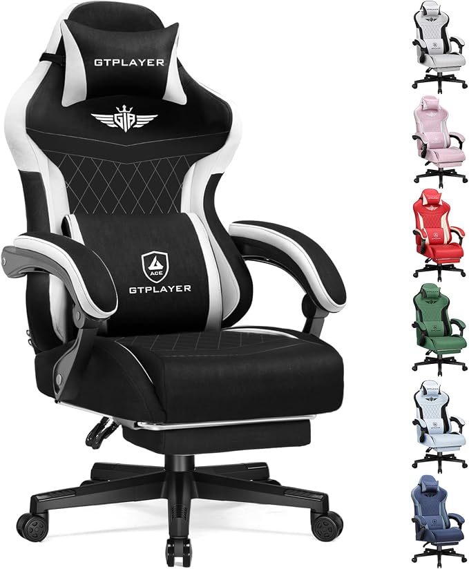 GTPLAYER Gaming Chair with Footrest, Big and Tall Game Chair High Back Computer Office Chair with Lumbar Support for Adults, Ergonomic Swivel Games Chair with Cushion Gaming, Fabric Black