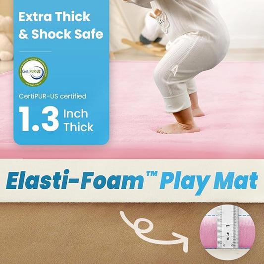 1.3" Thick Baby Floor Play Mat, 59x79 Padded Foam Tummy Time Crawling Mat, Non-Slip Water-Repellent Soft Plush Nursey Area Rug for Playroom Living Room (Pink)
