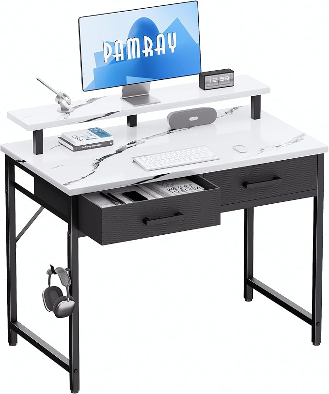 Pamray 32 Inch Small Computer Desk with Monitor Stand and 2 Drawers | Small Gaming Desk, for Bedroom Apartment and Dorm, for Study Work and Writing, Small Spaces, Sturdy, Easy Assembly
