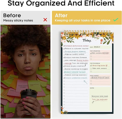 Taja To Do List Notepad, Undated Daily Planner for Work and Goal Setting | Rustic Floral, 52 Sheets, 9.8" x 6.5" , for Office, Home and school, Daily Task Planning, Notes and Everyday Organization