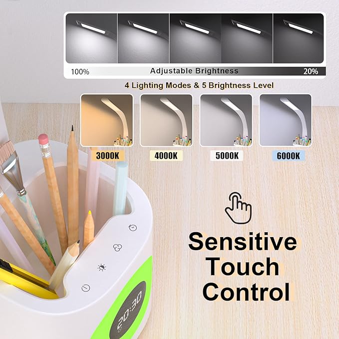 YOUKOYI LED Desk Lamp with Clock, Kids Desk Lamp, 10W Dimmable Study Lamp with Pen Holder, 4 Lighting Modes&5 Brightness Level with Color Changing Nightlight, Desk Lamps for Home Office, Gift for Kids
