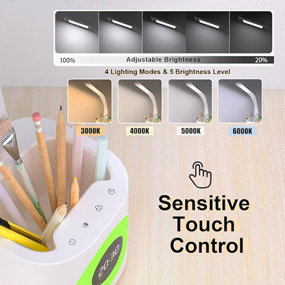 YOUKOYI LED Desk Lamp with Clock, Kids Desk Lamp, 10W Dimmable Study Lamp with Pen Holder, 4 Lighting Modes&5 Brightness Level with Color Changing Nightlight, Desk Lamps for Home Office, Gift for Kids