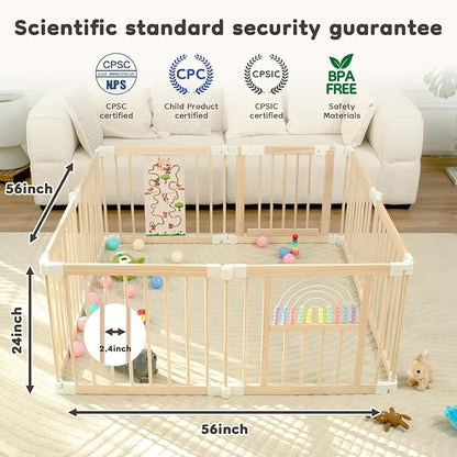 Ulnxiy Wooden Baby Playpen with Montessori Toys, 8-Panel Foldable Wood Play Yard for Toddlers, 56"x56" Large Baby Fence with Safety Lock, CPC Certified Natural Pine Wood Activity Center