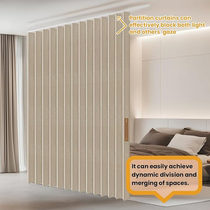 ILRON Accordion Folding Room Partition with Ceiling Track - Retractable Room Divider Curtain, Effortless Setup(Beige 180" W x 96" L-Pack of 1)