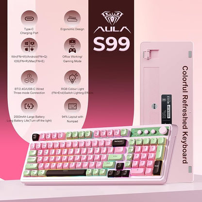 AULA Keyboard, Wireless Gaming Keyboard Creamy Bluetooth Computer Keyboards | 99 Key, Membrane Keyboard with Number Pad,RGB Backlit,Tri-Mode BT/2.4GHz/USB-C,Pink&Green&Coffee Color